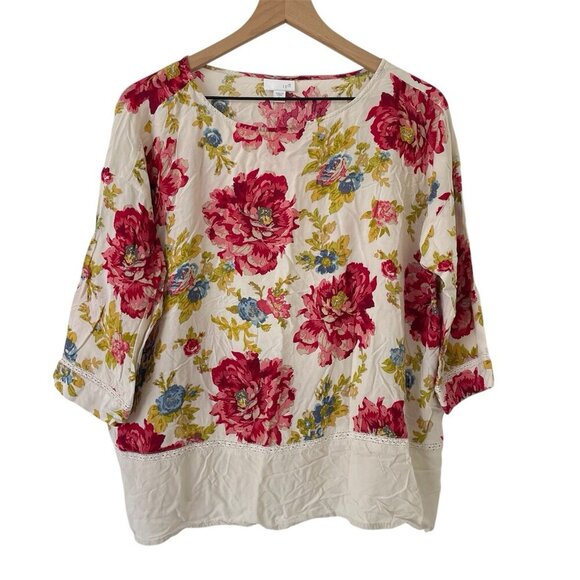 J Jill Petite L Cottage Floral Tunic Boho Boxy Blouse 3/4 Sleeve Lace Trim Rayon - Picture 1 of 16